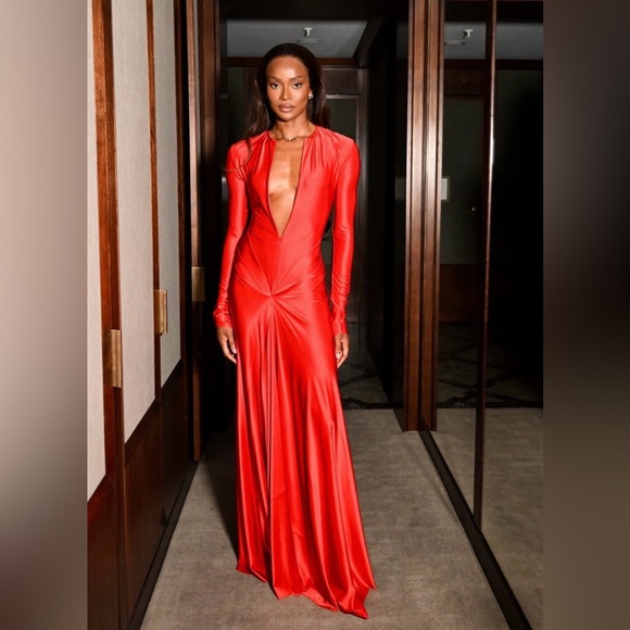 Victoria Beckham Striking Red Long Sleeve Dress